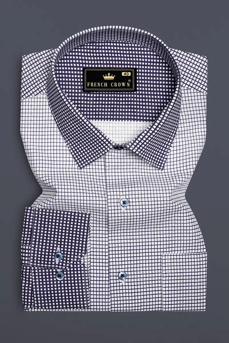 Midnight Frost-Ebony Blue And Bright White Marico Checks Printed Premium Cotton Shirt 5