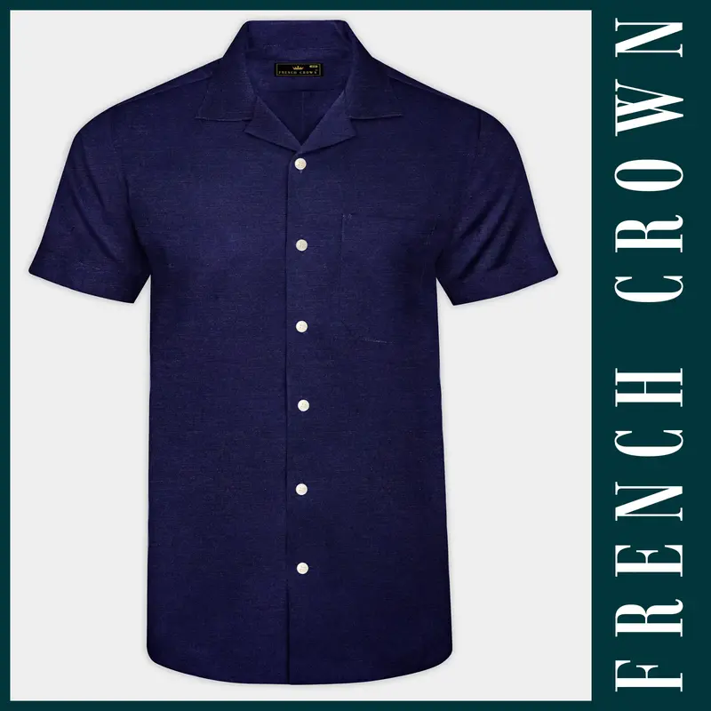 Midnight-Meteorite Blue Solid Luxurious Linen Casual Shirt 1