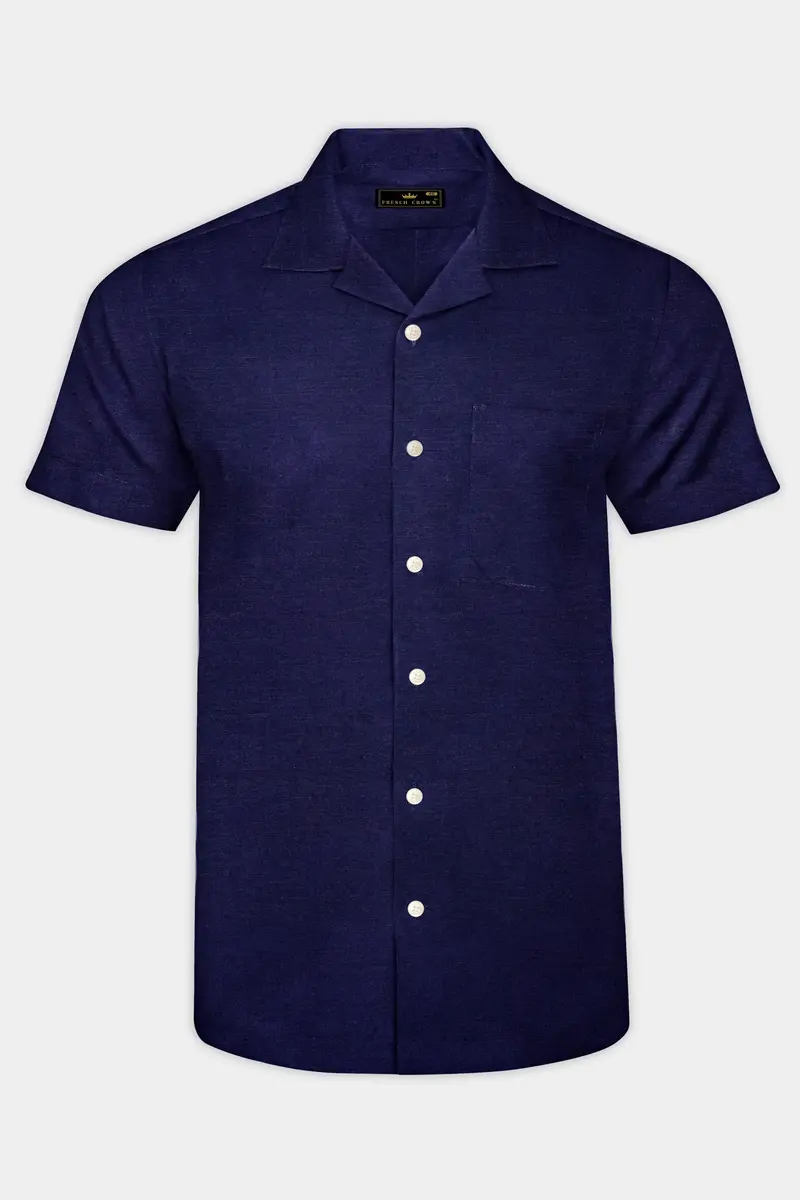 Midnight-Meteorite Blue Solid Luxurious Linen Casual Shirt 2
