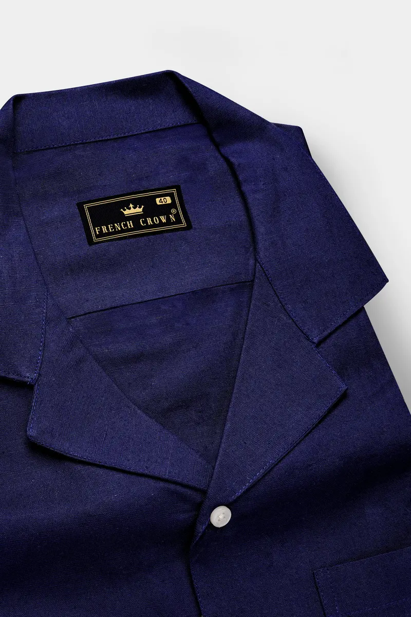 Midnight-Meteorite Blue Solid Luxurious Linen Casual Shirt 4