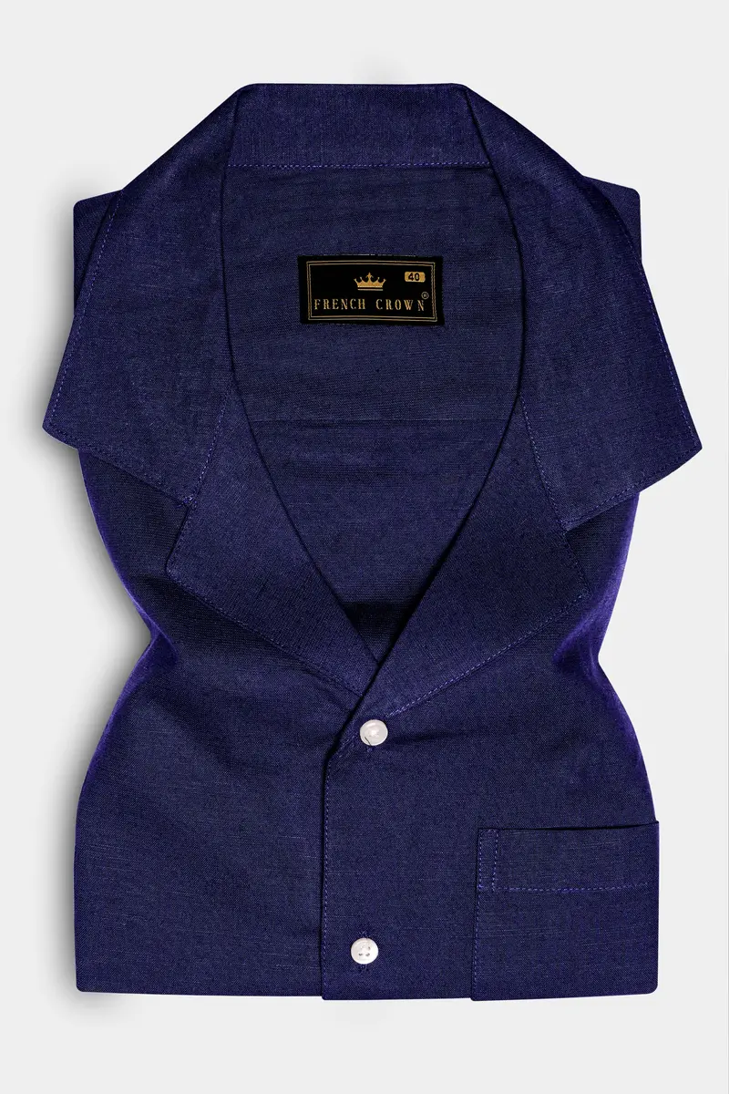 Midnight-Meteorite Blue Solid Luxurious Linen Casual Shirt 5