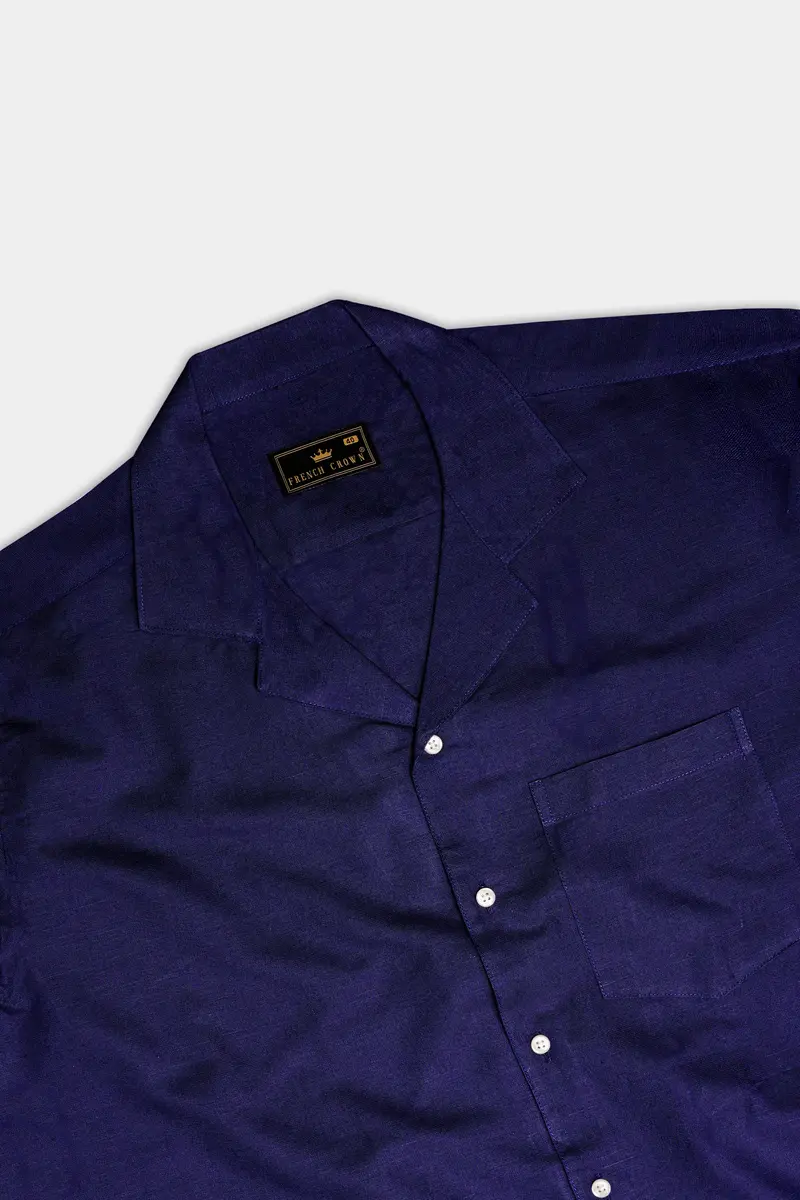 Midnight-Meteorite Blue Solid Luxurious Linen Casual Shirt 6