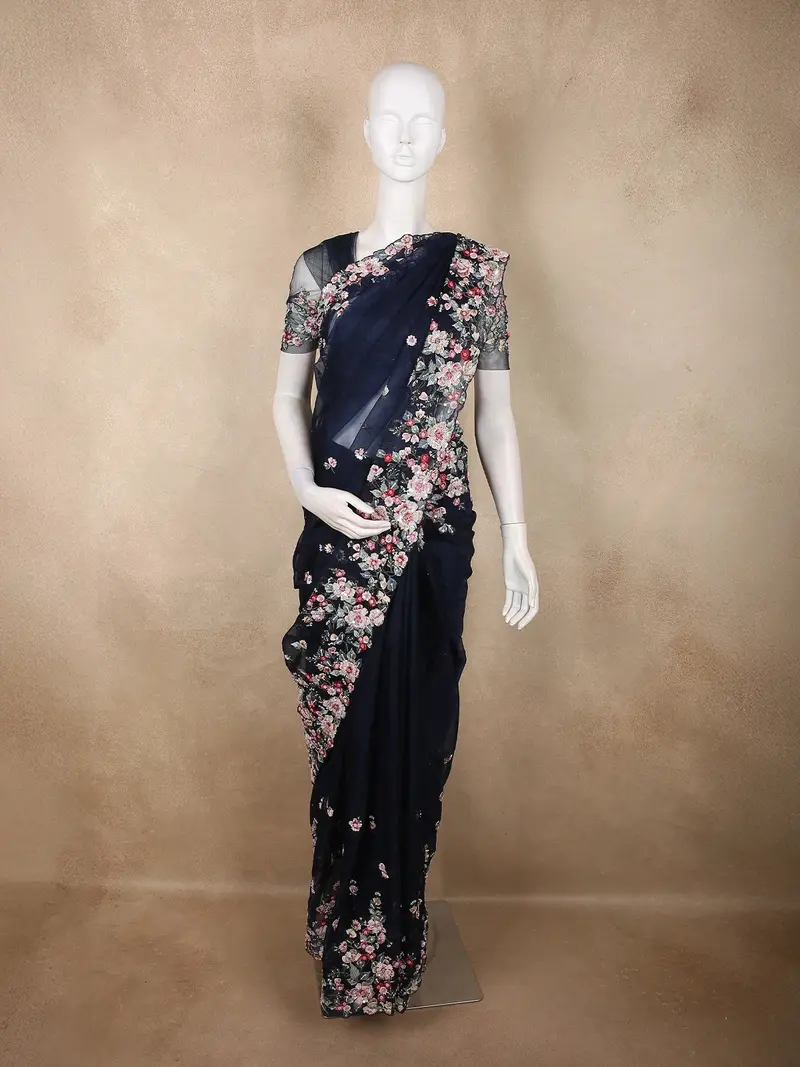 Midnight Navy Blue Floral Sequins And Beads Embroidered Design Net Designer Saree 1