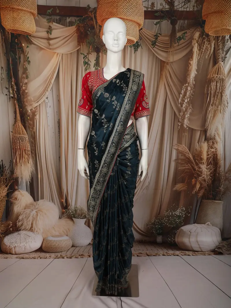Midnight Navy Blue Floral Vine Zari Woven Design Semi Banarasi Silk Saree With Contrast Designer Blouse 1