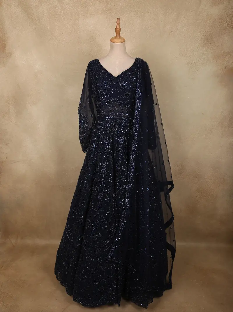 Midnight Navy Blue Heavy Sequins And Beads Embroidered Design Net Gown With Net Dupatta 1