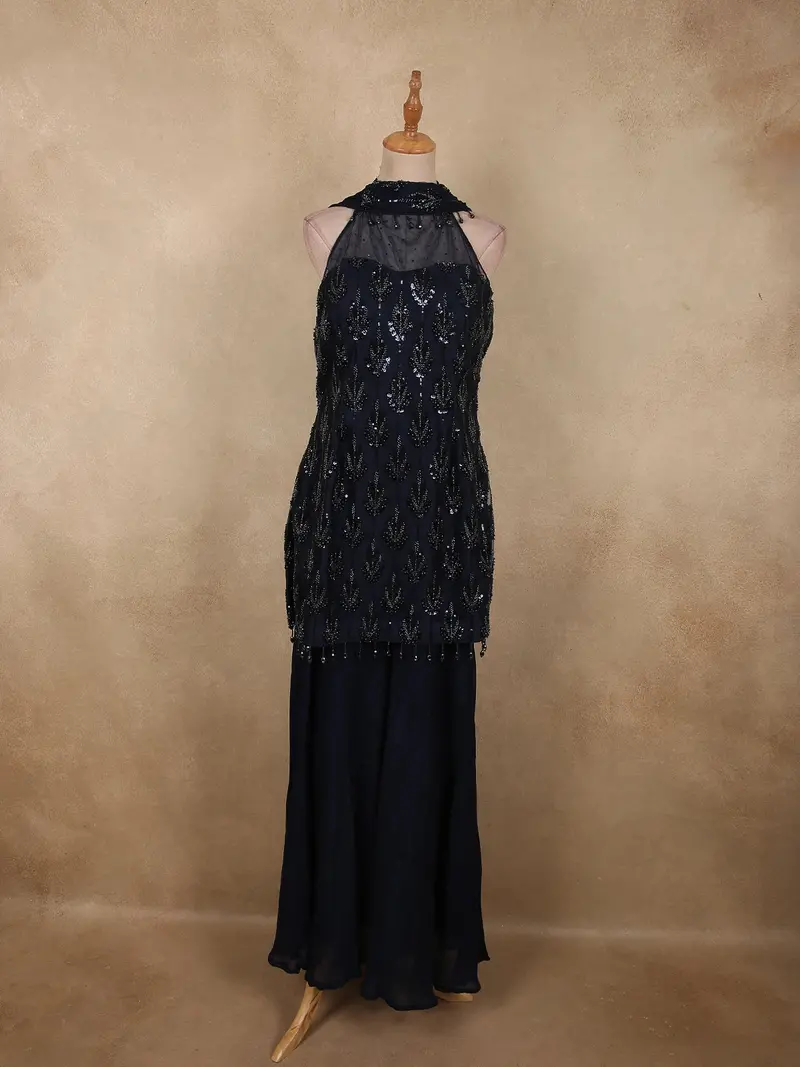 Midnight Navy Blue Heavy Sequins And Beads Embroidered Design Net Palazzo Suit With Dupatta 1