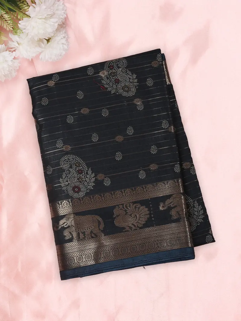 Midnight Navy Blue Striped Zari Woven Design Semi Silk Saree With Animal Motif  Border 1
