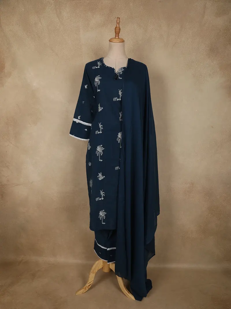 Midnight Navy Blue Thread Embroidered Design Cotton Salwar Suit With Dupatta 1