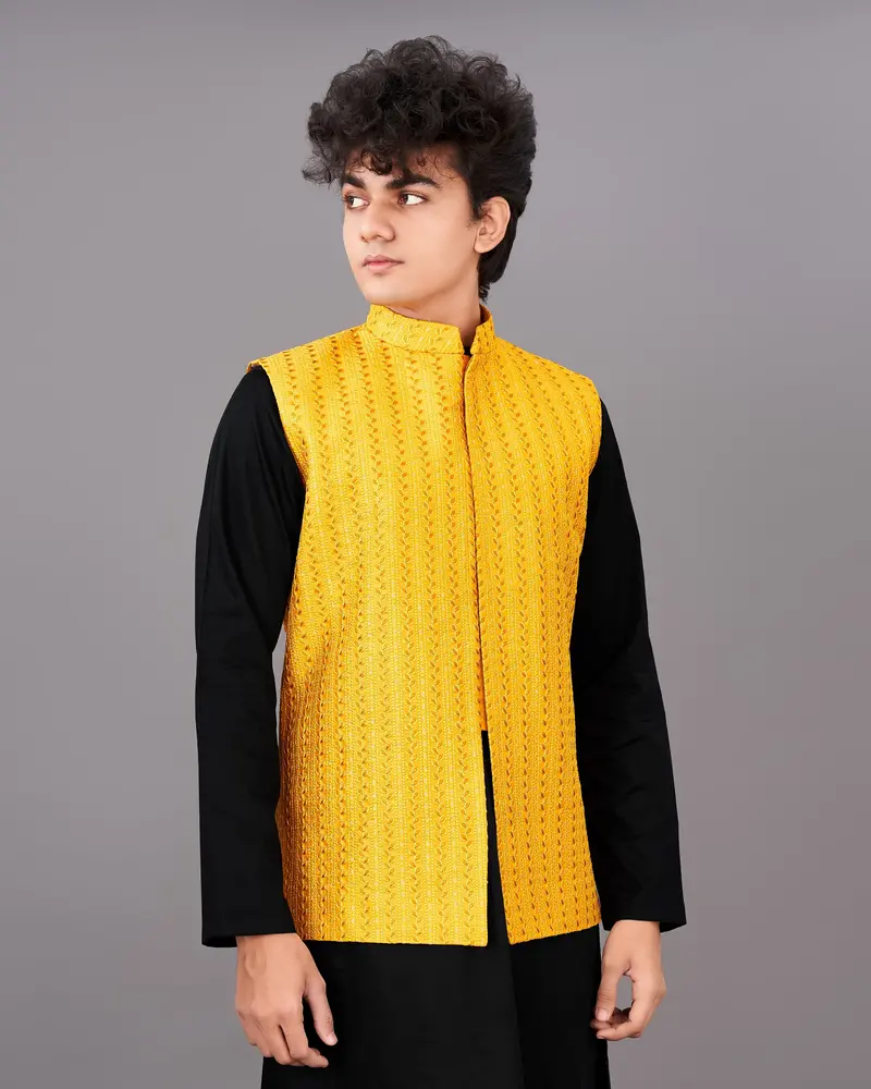 Mikado Yellow Sleeveless Embroidered Jacket With Kurta, Pants Set 1