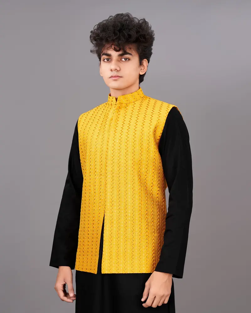 Mikado Yellow Sleeveless Embroidered Jacket With Kurta, Pants Set 2