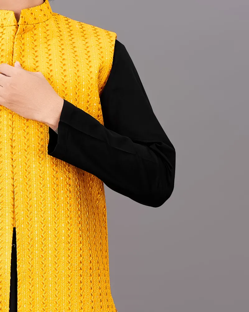 Mikado Yellow Sleeveless Embroidered Jacket With Kurta, Pants Set 3
