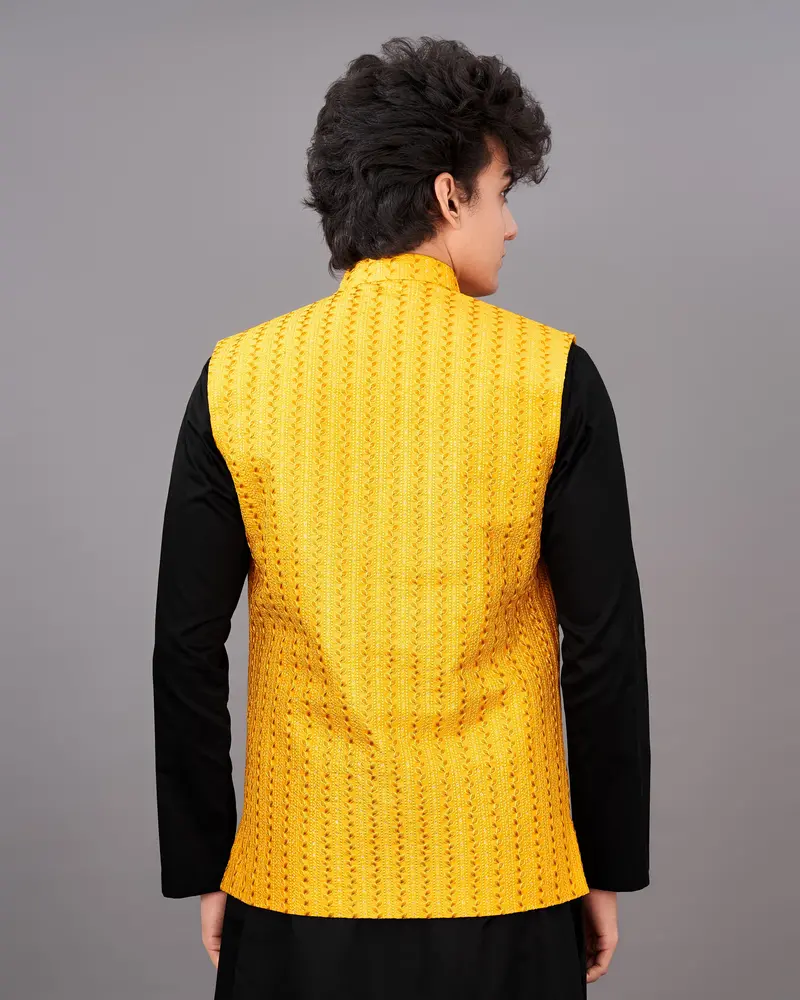Mikado Yellow Sleeveless Embroidered Jacket With Kurta, Pants Set 4