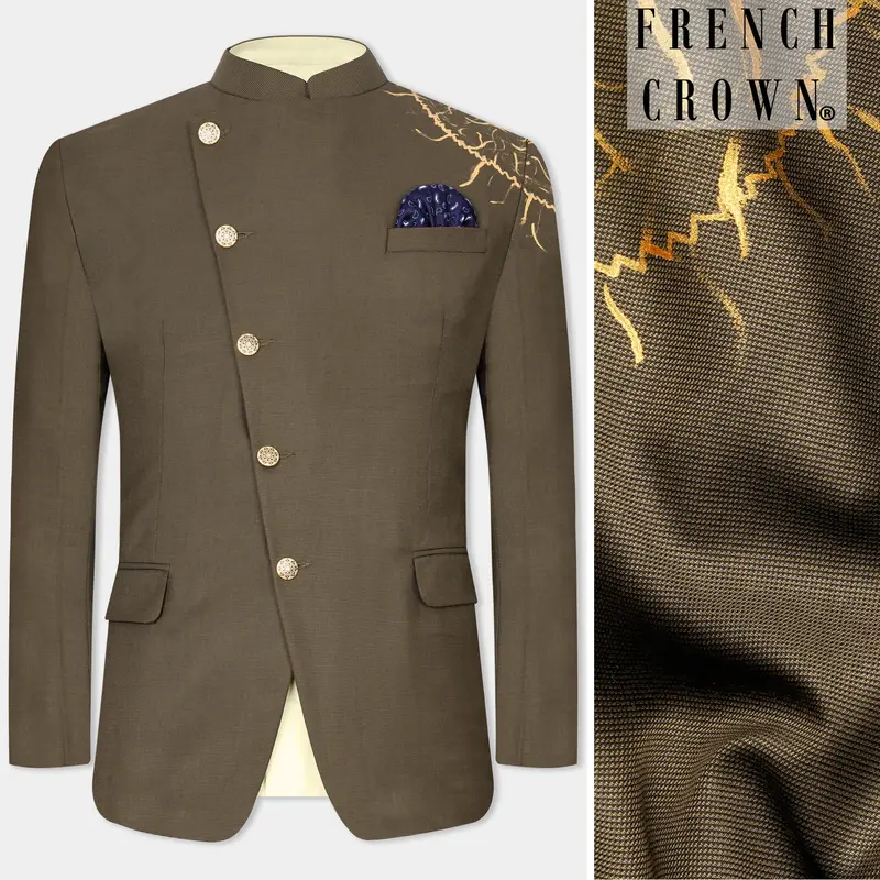 Millbrook Brown Hand Painted Cross Placket Wool Rich Bandhgala Designer Blazer 1