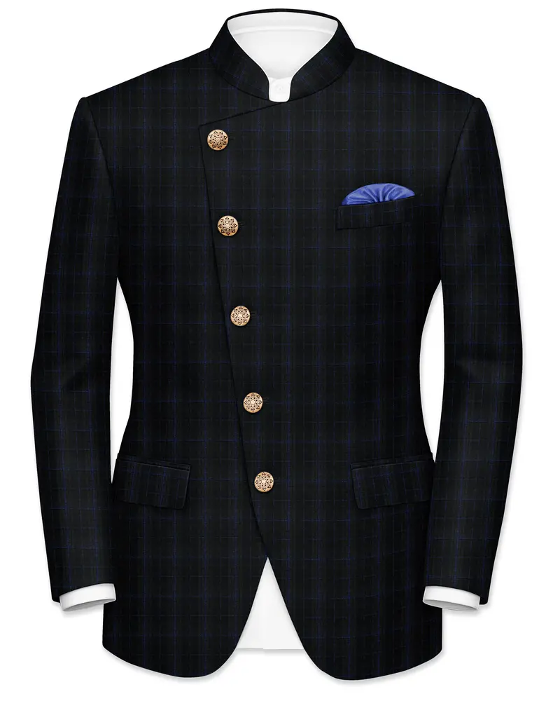 Mine Shaft Black Plaid Cross Placket Bandhgala Wool Rich Blazer 1