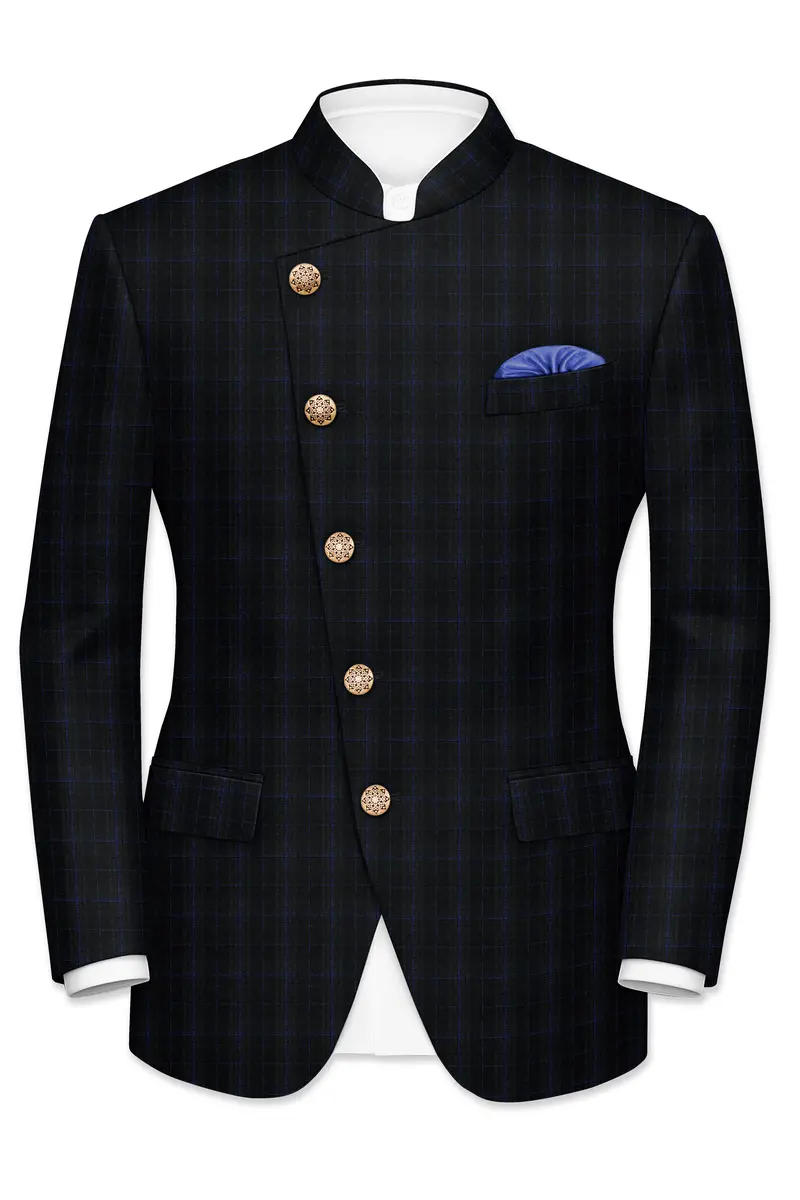 Mine Shaft Black Plaid Cross Placket Bandhgala Wool Rich Blazer 2