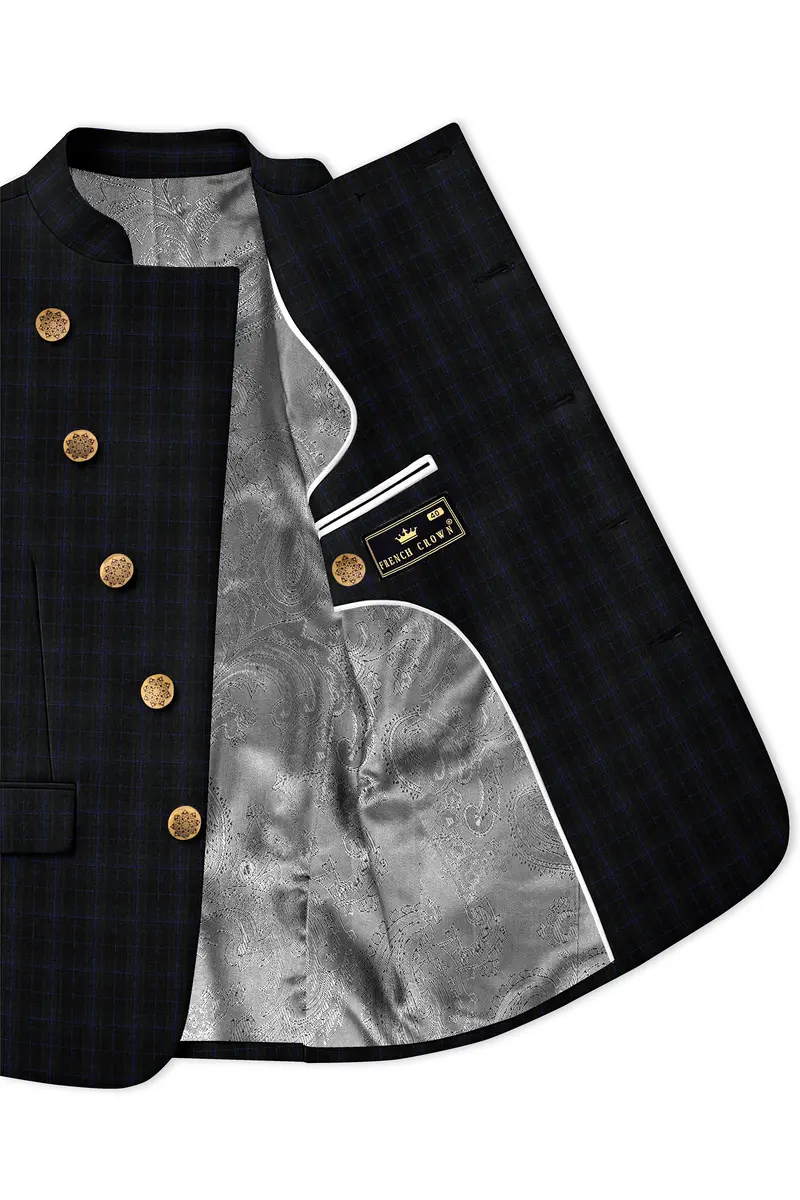 Mine Shaft Black Plaid Cross Placket Bandhgala Wool Rich Blazer 4