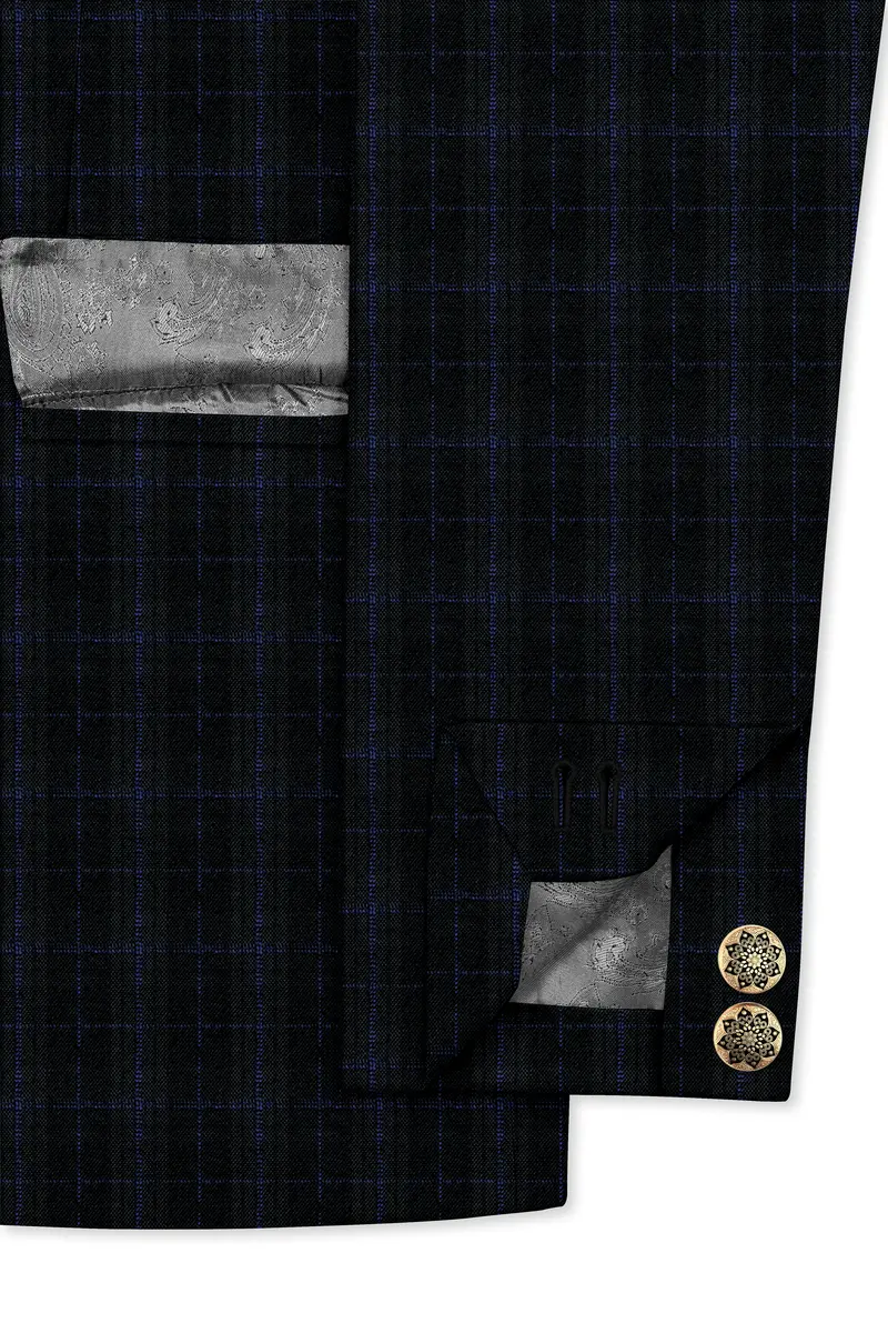 Mine Shaft Black Plaid Cross Placket Bandhgala Wool Rich Blazer 5