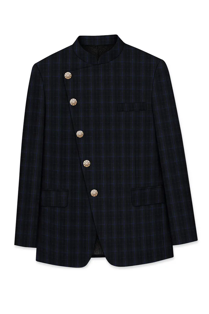 Mine Shaft Black Plaid Cross Placket Bandhgala Wool Rich Blazer 6