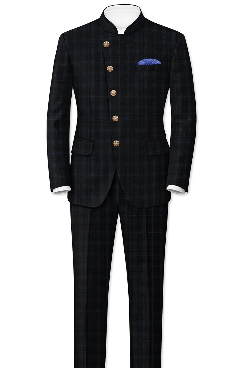 Mine Shaft Black Plaid Cross Placket Bandhgala Wool Rich Blazer 8