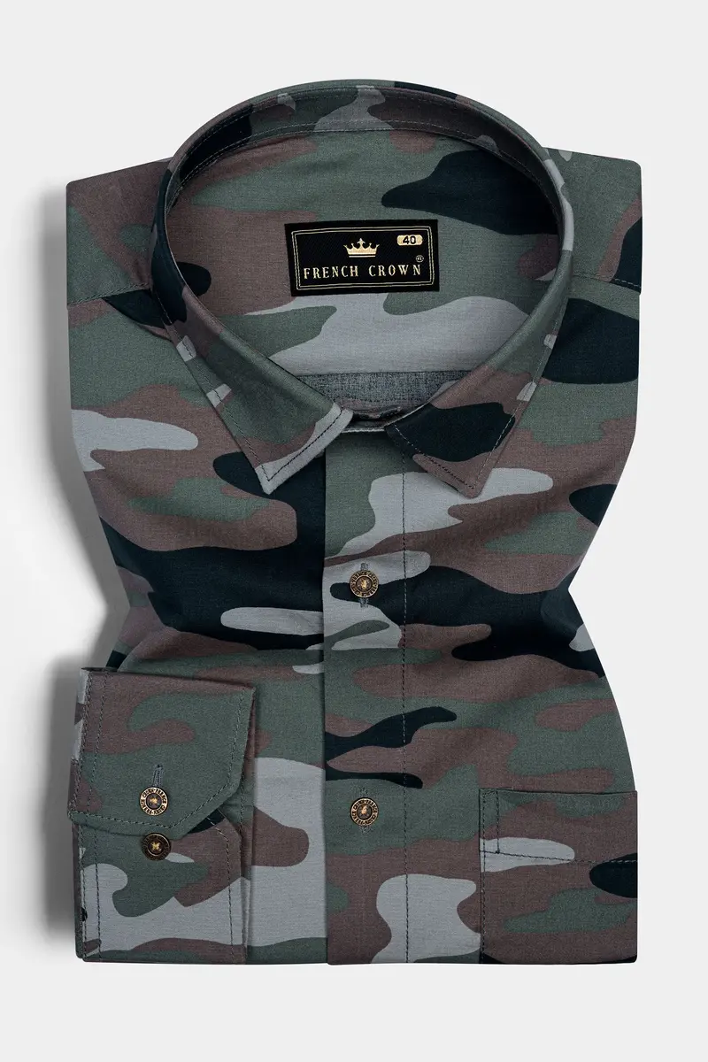 Mineral Green And Tundora Brown Camouflage Royal Oxford Shirt 3
