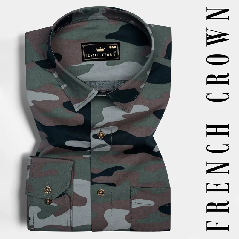 Mineral Green And Tundora Brown Camouflage Royal Oxford Shirt 6