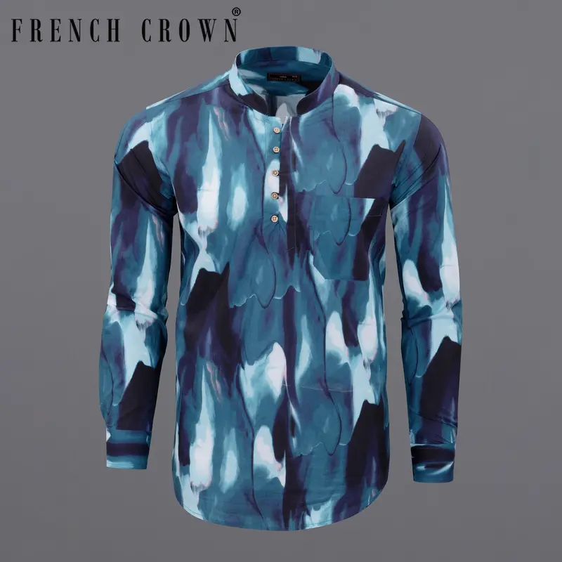 Ming Blue And Mulled Wine Abstract Printed Satin Kurta Shirt 1