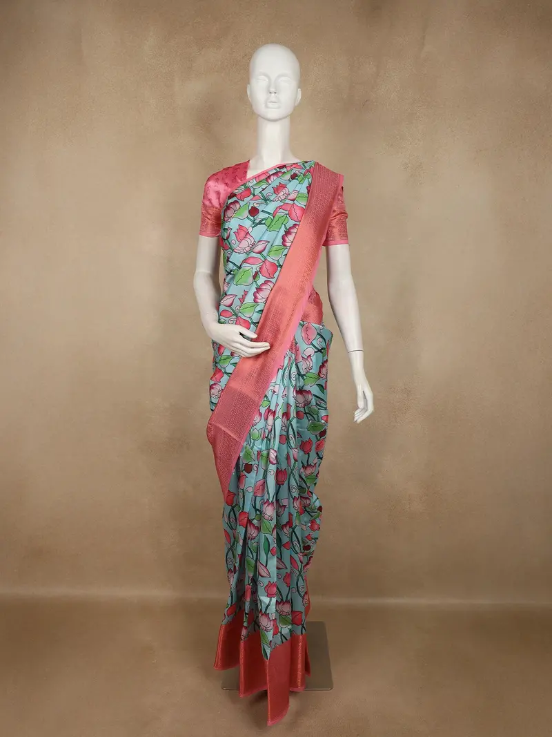 Mint Aqua Blue Floral Woven Design Art Silk Designer Saree 1