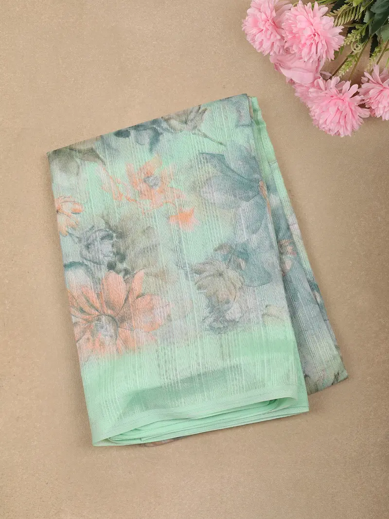 Mint Aqua Green Floral Printed Design Linen Cotton Casual Wear Saree 1