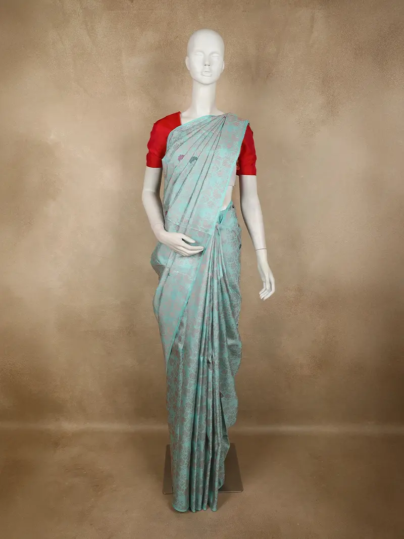 Mint Blue Floral Zari Woven Design Pure Kanchipuram Silk Saree 1