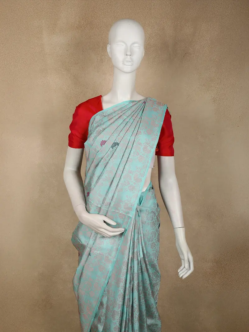 Mint Blue Floral Zari Woven Design Pure Kanchipuram Silk Saree 2