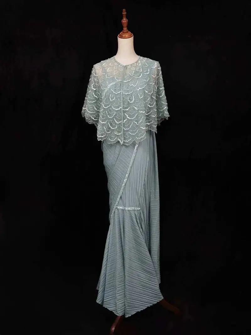 Mint Chiffon Ready To Wear Saree With Designer Blouse & Overcoat 1