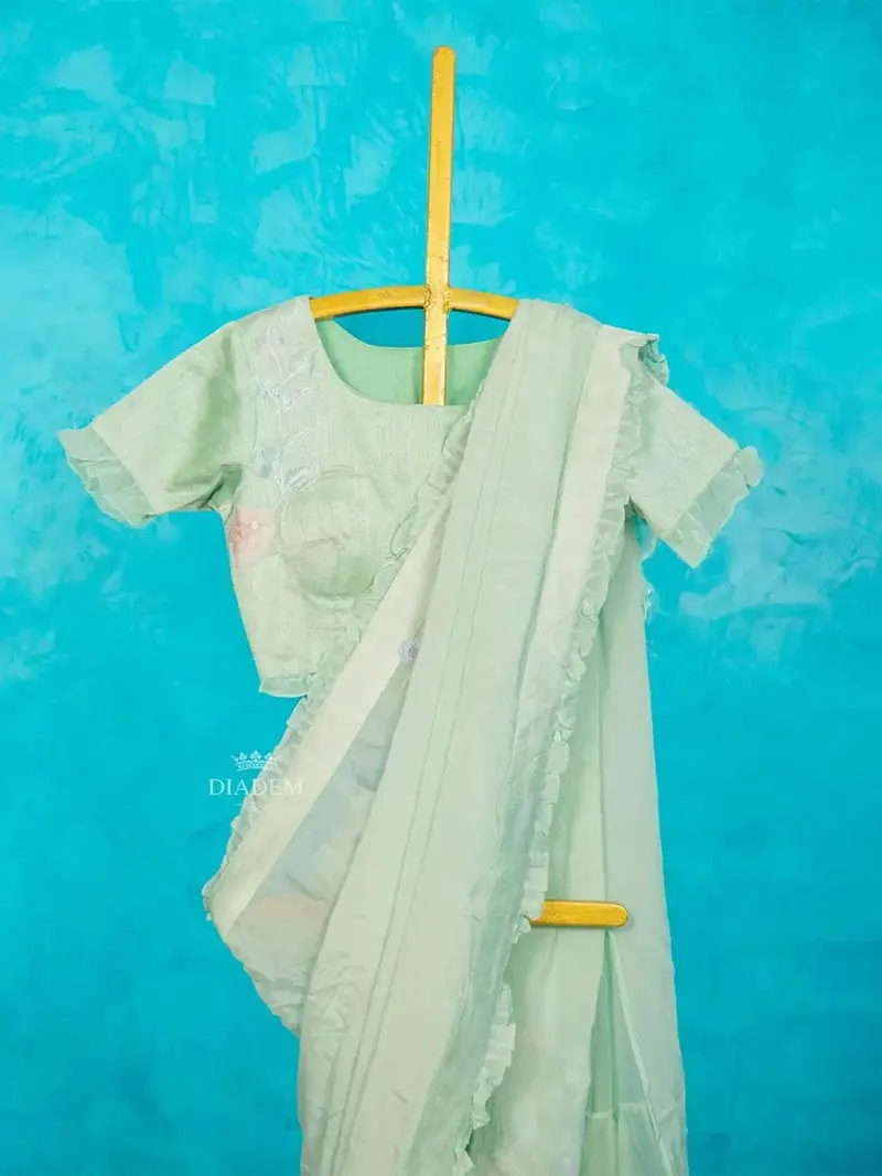Mint Chiffon Ruffle Saree Adorned With Floral Thread Work Along With Ruffle Blouse 2