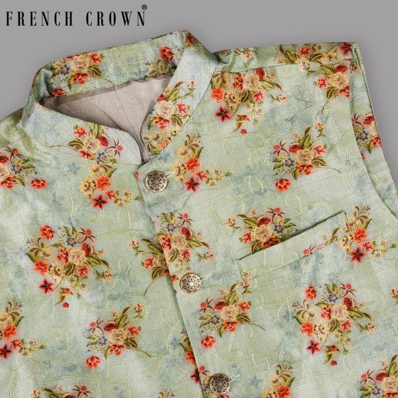 Mint Flower Patterned And Jacquard Textured Designer Nehru Jacket 1