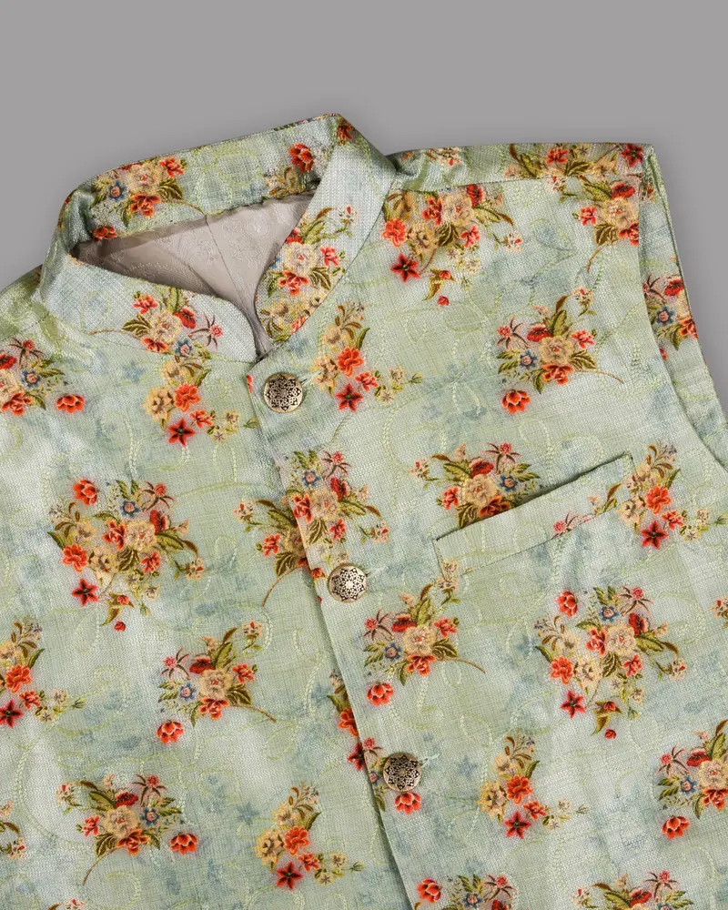 Mint Flower Patterned And Jacquard Textured Designer Nehru Jacket 2