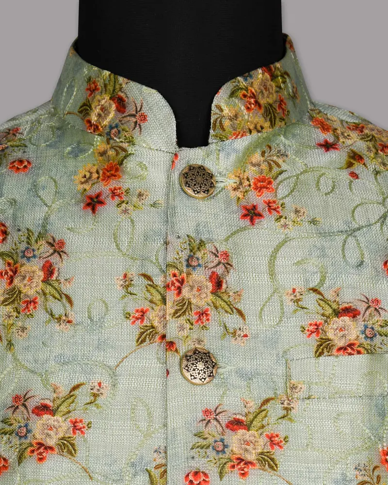 Mint Flower Patterned And Jacquard Textured Designer Nehru Jacket 4