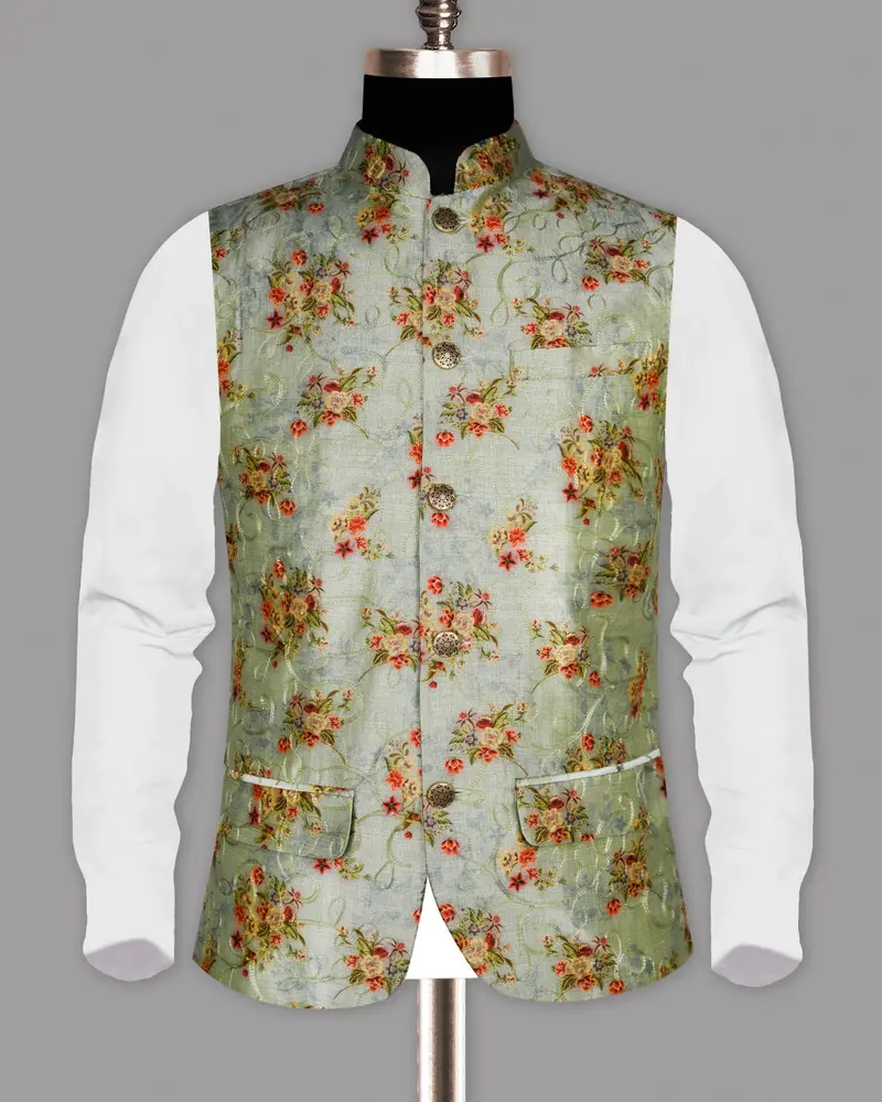 Mint Flower Patterned And Jacquard Textured Designer Nehru Jacket 5