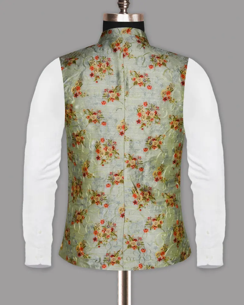 Mint Flower Patterned And Jacquard Textured Designer Nehru Jacket 6