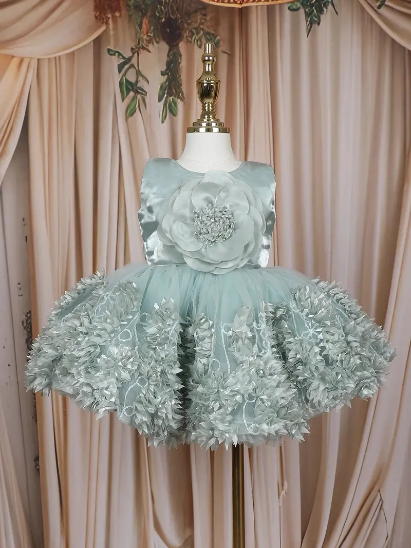 Mint Green 3D Floral Design Net Frock 1
