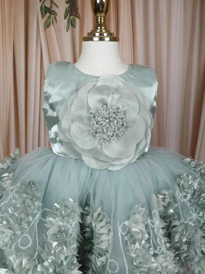 Mint Green 3D Floral Design Net Frock 2