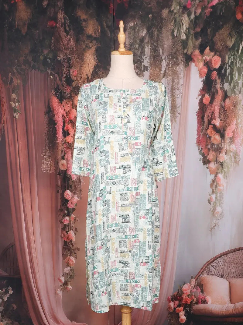 Mint Green Abstract Printed Cotton Rayon Kurti 1