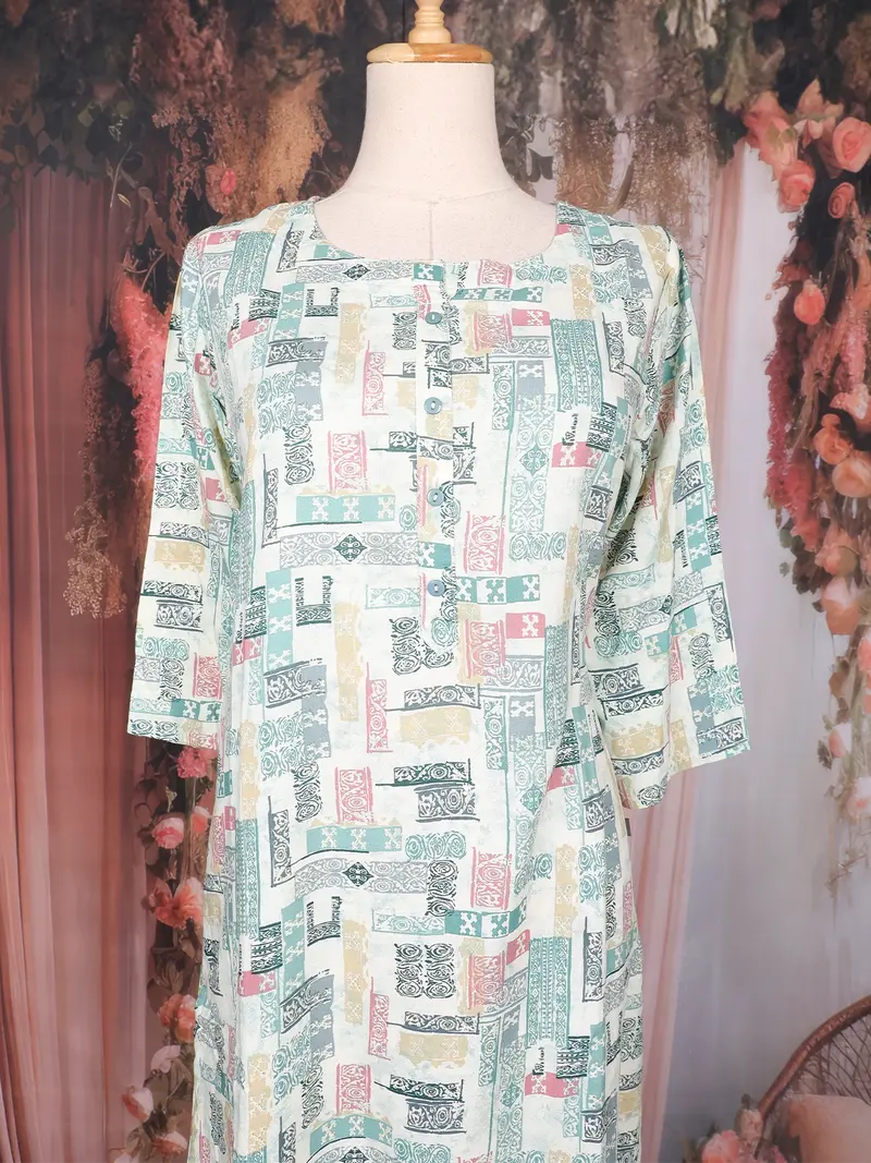 Mint Green Abstract Printed Cotton Rayon Kurti 2