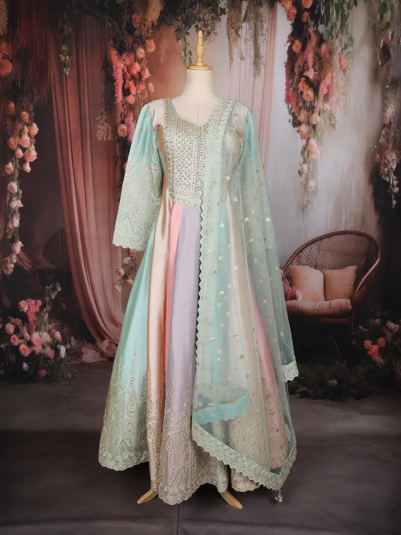 Mint Green And Pastel Multi-Shade Sequins Embroidered Satin Anarkali Gown With Dupatta 1