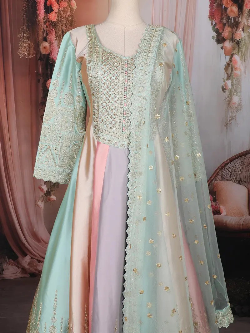 Mint Green And Pastel Multi-Shade Sequins Embroidered Satin Anarkali Gown With Dupatta 2