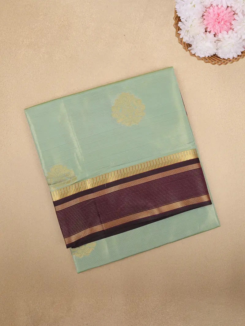 Mint Green Butta Woven Tissue Saree With Contrast Maroon Zari Border 1