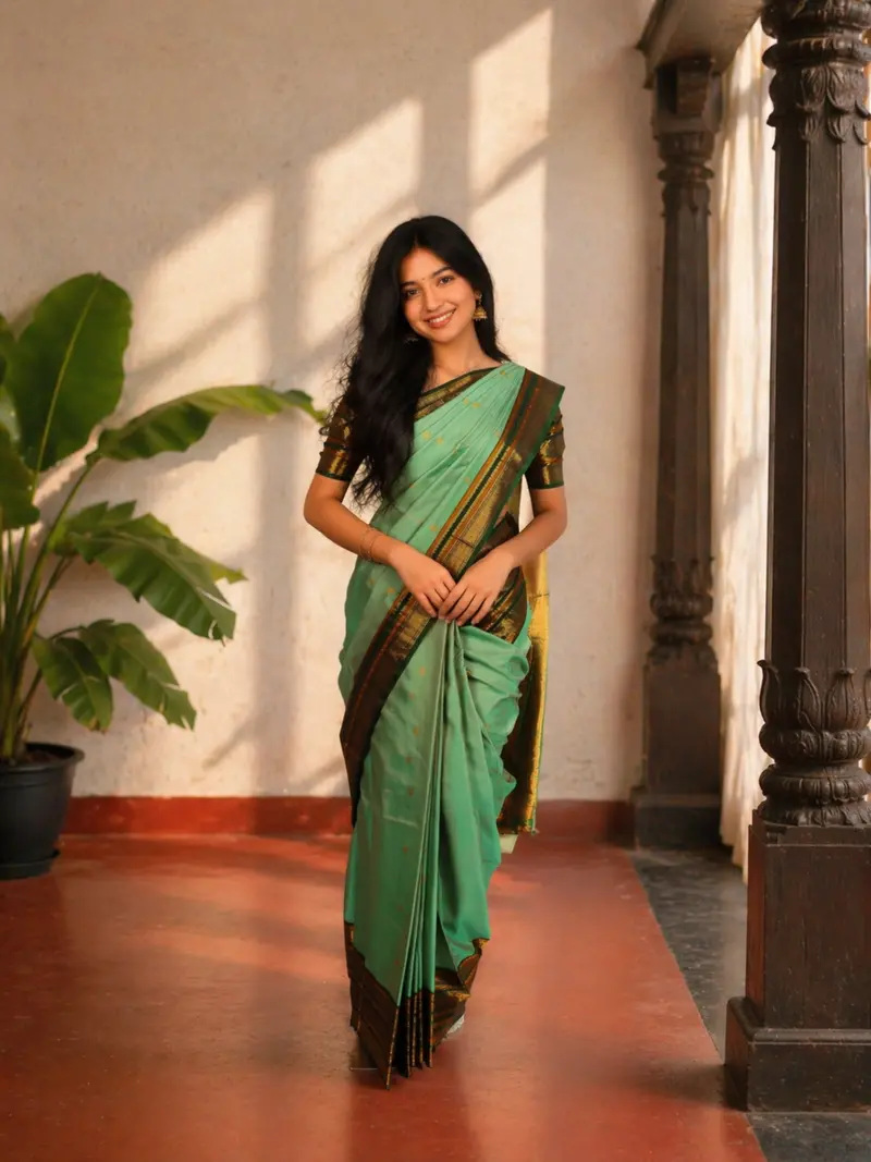 Mint Green Butta Zari Woven Design Pure Kanchipuram Silk Saree With Contrast Double Zari Border 1