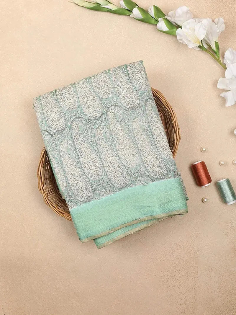 Mint Green Chanderi Silk Saree With Paisley And Floral Prints On The Body With Designed Border 1