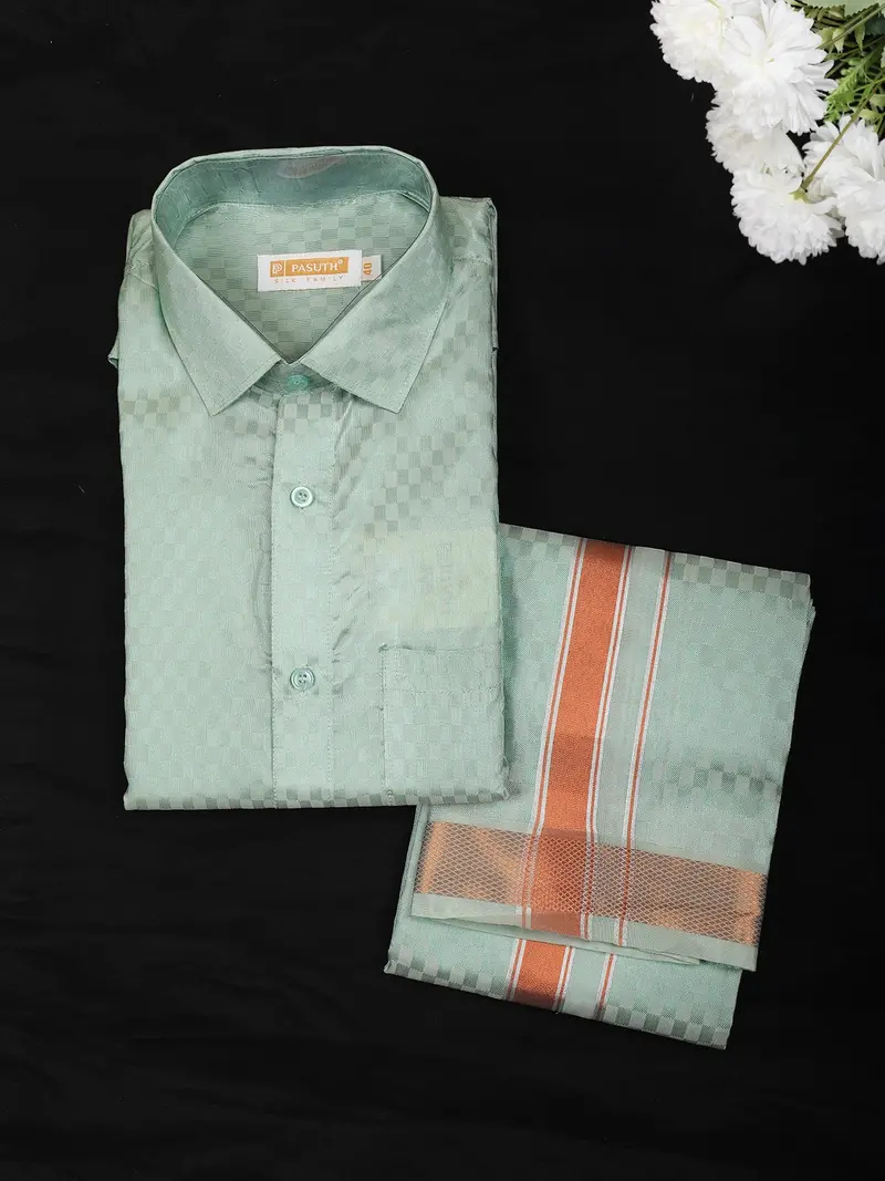 Mint Green Checked Woven Silk Shirt With Matching Dhoti Featuring Copper And Cream Zari Border 1