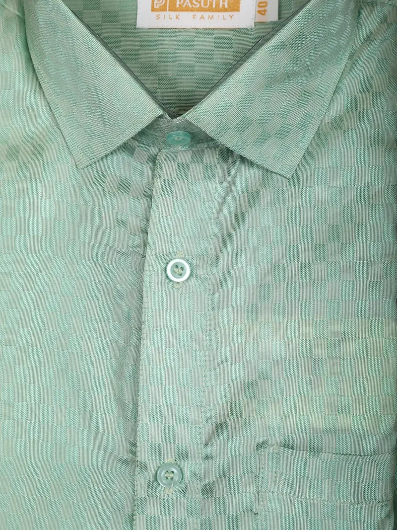 Mint Green Checked Woven Silk Shirt With Matching Dhoti Featuring Copper And Cream Zari Border 2