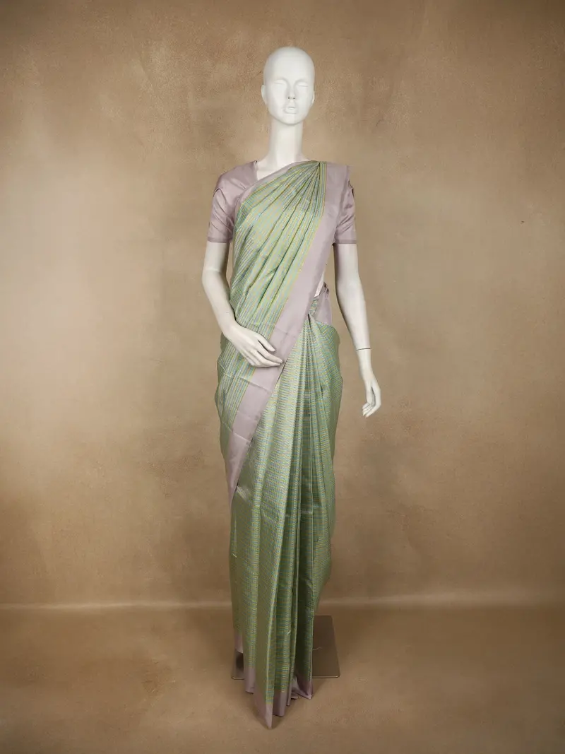 Mint Green Checks Woven Pure Kanchipuram Silk Saree With Pastel Lavender Border 1