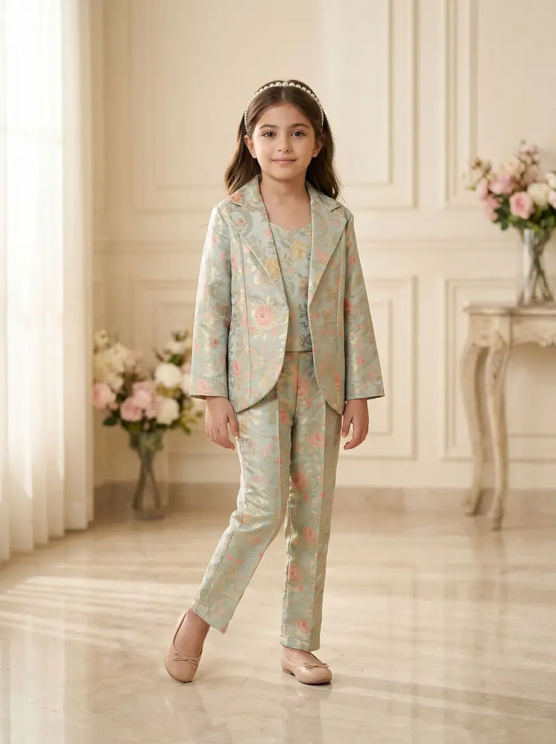 Mint Green Coat Suit With Floral Prints 1